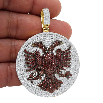 35+ Grams Big 2.65'' Real Sterling Silver Simulated Diamond Albanian Eagle Double Headed Flying Bird Medallion 14K Gold Finish Charm Pendant