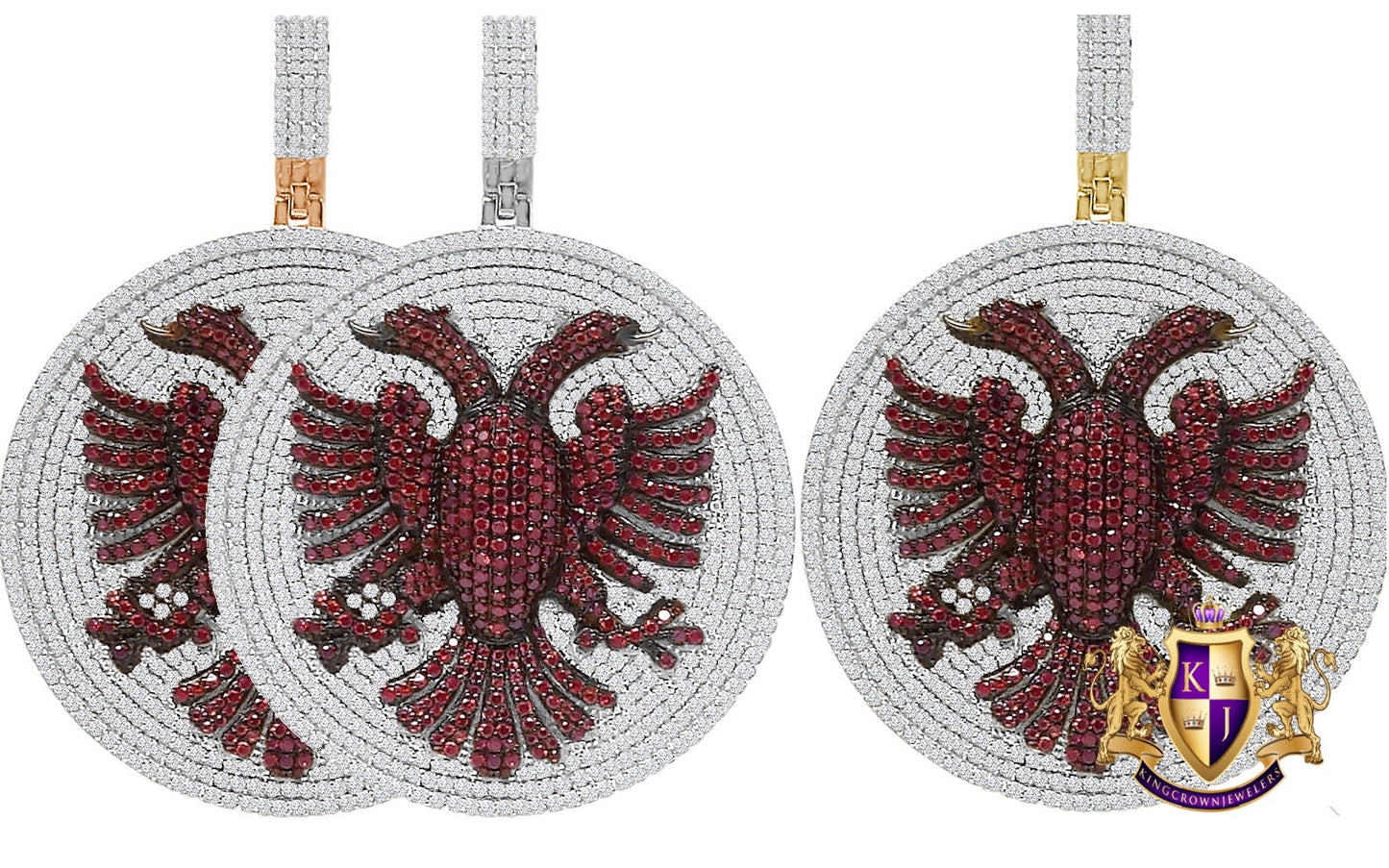 35+ Grams Big 2.65'' Real Sterling Silver Simulated Diamond Albanian Eagle Double Headed Flying Bird Medallion 14K Gold Finish Charm Pendant