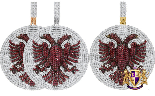 35+ Grams Big 2.65'' Real Sterling Silver Simulated Diamond Albanian Eagle Double Headed Flying Bird Medallion 14K Gold Finish Charm Pendant