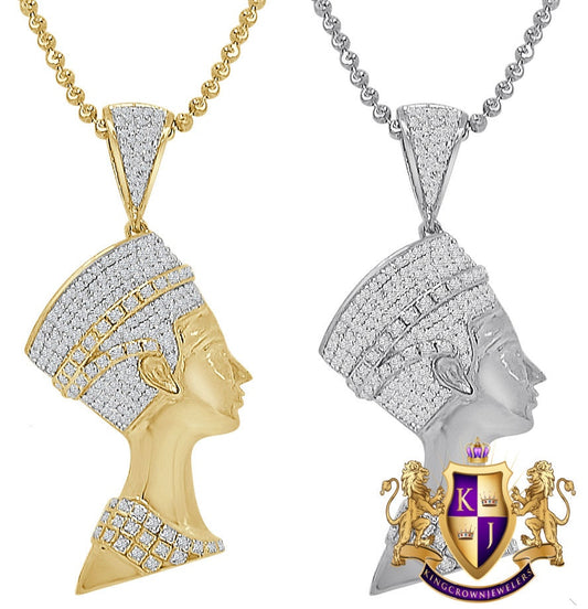 14K Gold On Real Sterling Silver Egyptian Queen Nefertiti Simulated Diamond Charm Unisex Pendant Chain Set 2.25''