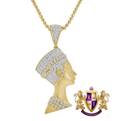 14K Gold On Real Sterling Silver Egyptian Queen Nefertiti Simulated Diamond Charm Unisex Pendant Chain Set 2.25''