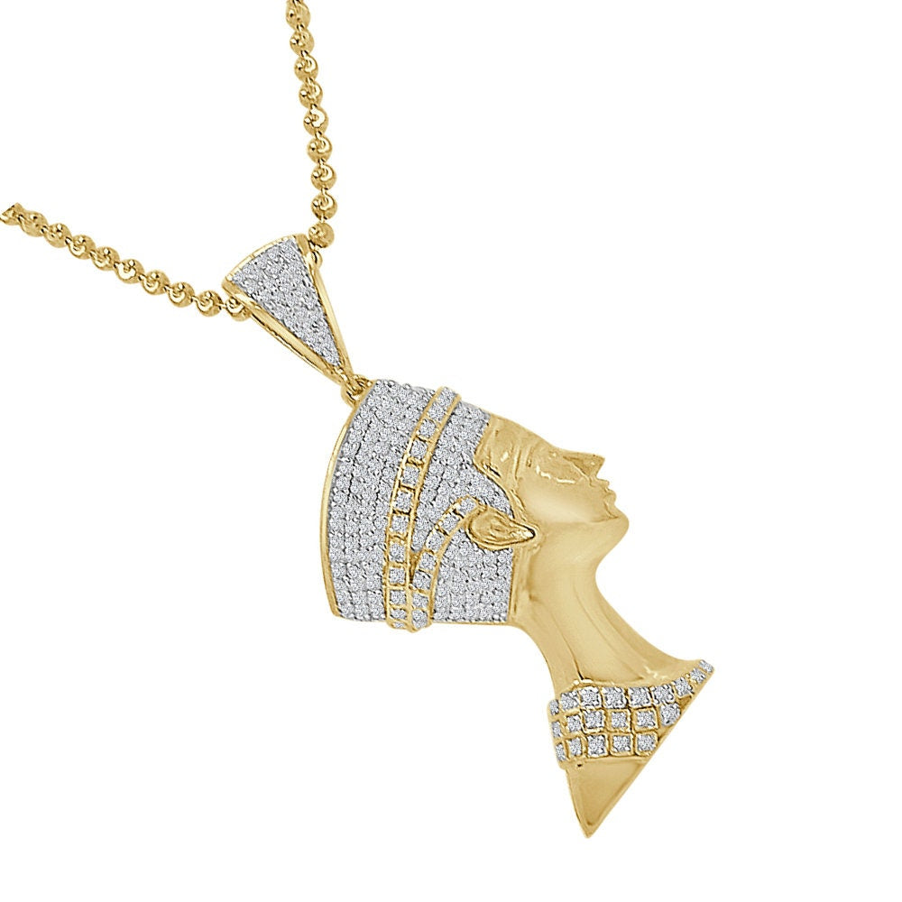 14K Gold On Real Sterling Silver Egyptian Queen Nefertiti Simulated Diamond Charm Unisex Pendant Chain Set 2.25''