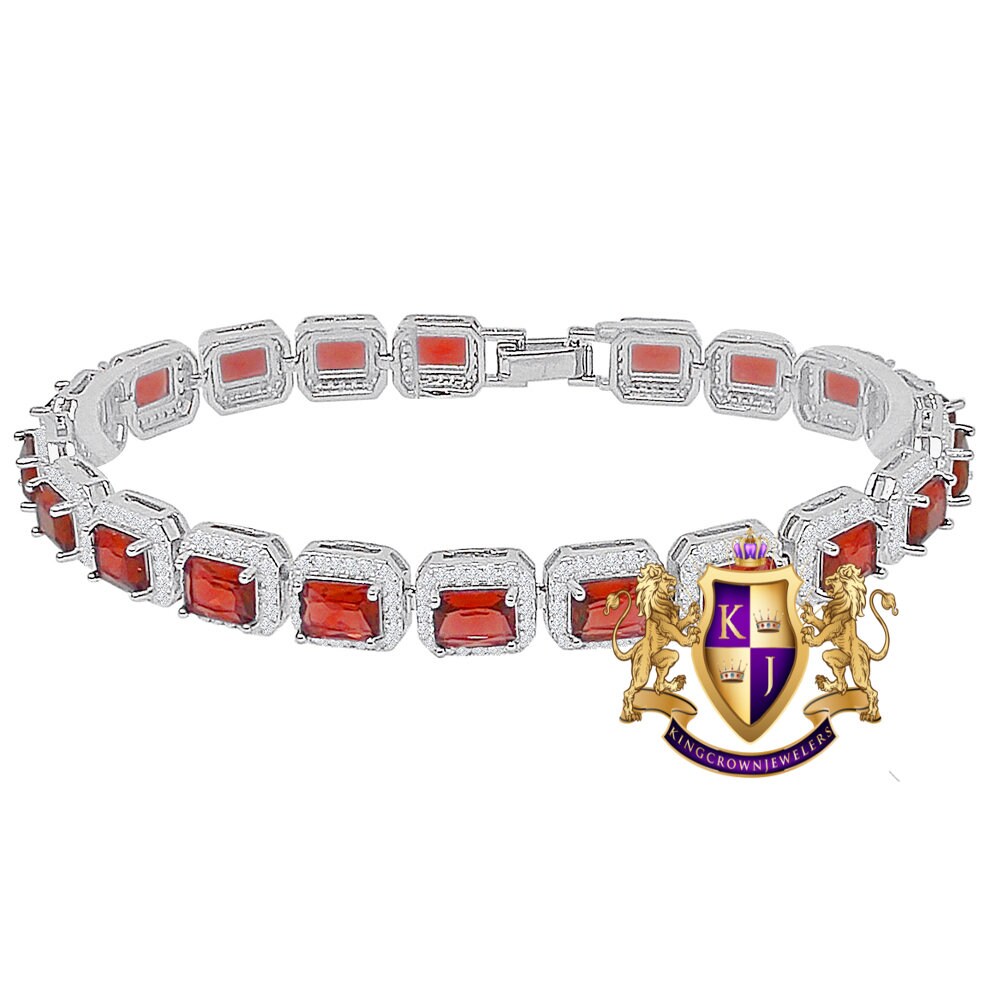 Real Genuine Sterling Silver Solitaire Ruby Red 4.00 Cwt. Simulated Diamond 14K White Gold Over 10 mm Tennis Link Bracelet 7.5''