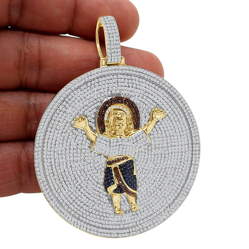 35+ Grams Big 3'' Real Sterling Silver Baby Infant Jesus Santo Nino De Atocha Divino Simulated Diamond Pendant 14K Gold Over Medallion Charm