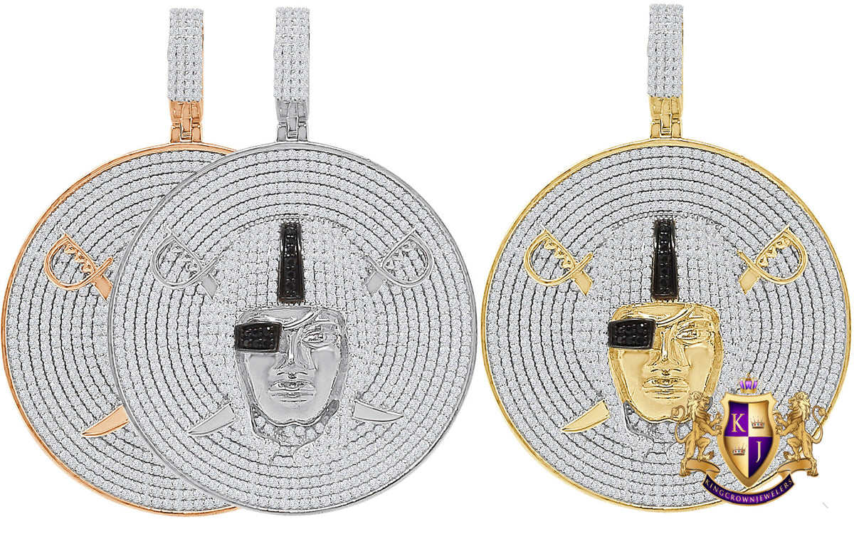31+ Grams Big 2.5'' Genuine Sterling Silver 9.00 Cwt. Simulated Diamond 14K Gold Over Oakland Raiders Sports Men's Medallion Pendant Charm