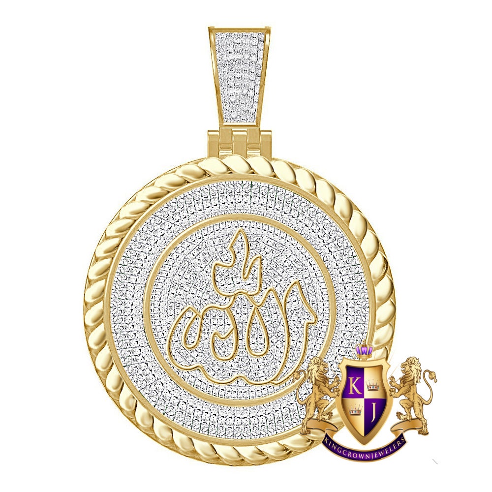 Real Genuine Authentic Diamond 1.20 Cwt. Allah God Muslim Arabic Islamic Round Medallion Charm 10K Gold Over Religious Pendant 18+ Grams 2''