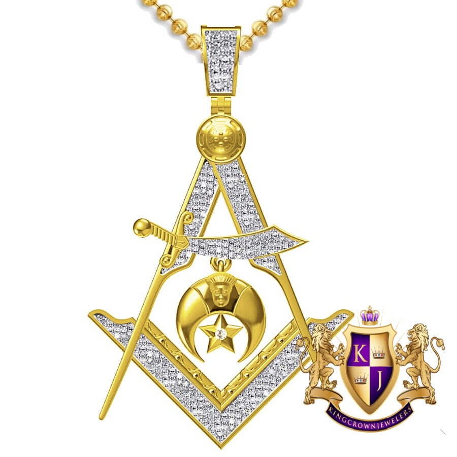 Real Genuine Diamond 15+ Grams Freemasonry Masonic Shriners G Compass Custom Charm Chain Set 10K Gold Over Unisex Pendent Chain Set 2''