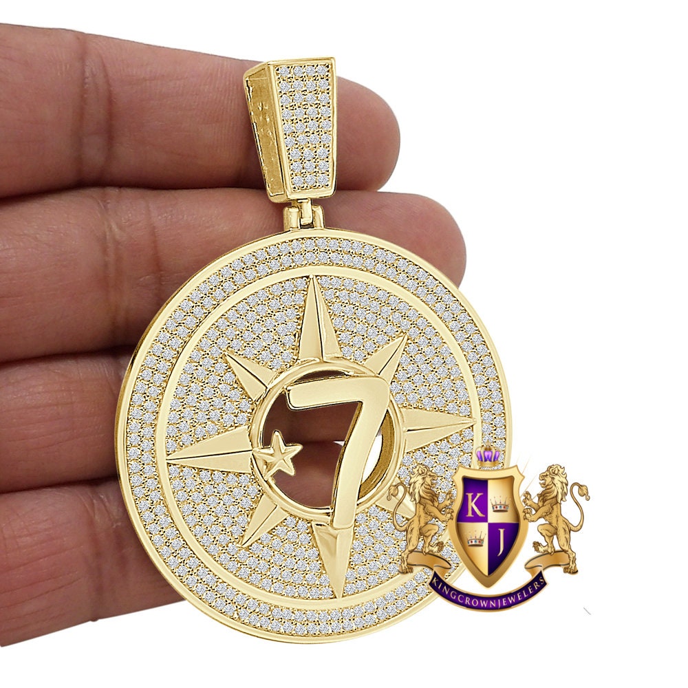 42+ Grams Big 3'' Real Sterling Silver 6.75 Cwt. Simulated Diamond Five-Percent Nation Five Percenter Allah Muslim 10K Gold On Charm Pendant