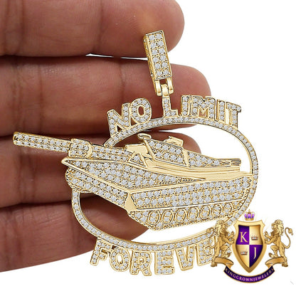 29+ Grams Real Genuine Sterling Silver 2.50 Cwt. Simulated Diamond No Limit Military Army Tank Custom Pendant 14K Gold Finish Charm 2.50''