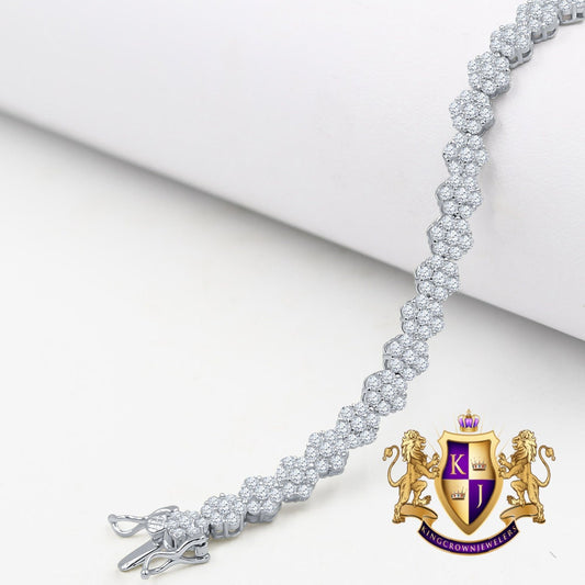 Real Genuine Italian Sterling Silver 14K White Gold Finish Simulated Diamond Flower Cluster 5mm Link Bracelet 7.5'' Unisex
