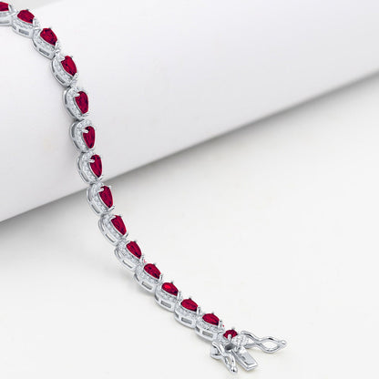 Ruby Red Real Genuine Sterling Silver 14K White Gold Over 3.00 Cwt. Simulated Diamond Pear Shape 5mm Unisex Tennis Link Bracelet 7.5''
