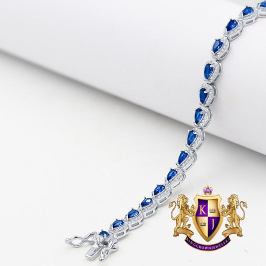 Sapphire Blue Real Genuine Sterling Silver 14K White Gold Over 3.00 Cwt. Simulated Diamond Pear Shape 5mm Unisex Tennis Link Bracelet 7.5''
