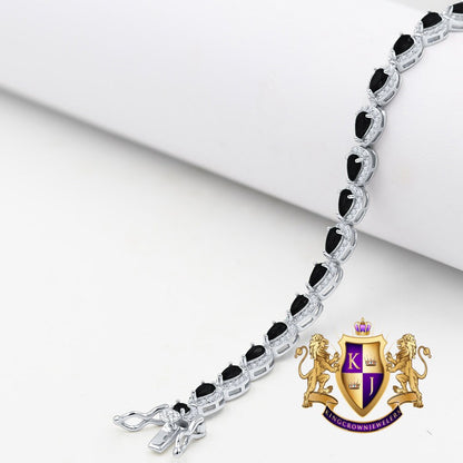 Onyx Black Real Sterling Silver 14K White Gold Over 3.00 Cwt. Simulated Diamond Pear Shape 5mm Unisex Tennis Link Bracelet 7.5''