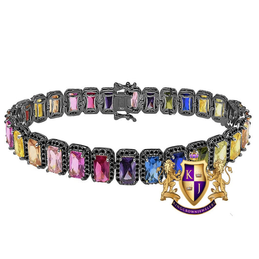 14K Black Gold Finish Rainbow Multi Tone Simulated Diamonds Solitaire Men's Ladies Bracelet 10mm / 8.5 Inch