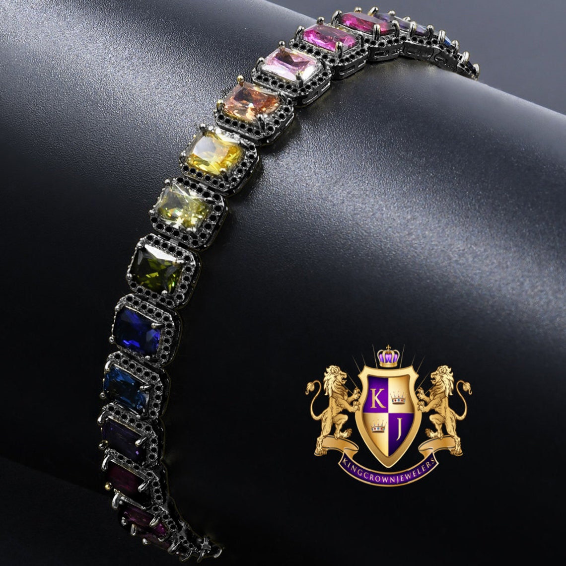 14K Black Gold Finish Rainbow Multi Tone Simulated Diamonds Solitaire Men's Ladies Bracelet 10mm / 8.5 Inch