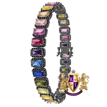 14K Black Gold Finish Rainbow Multi Tone Simulated Diamonds Solitaire Men's Ladies Bracelet 10mm / 8.5 Inch