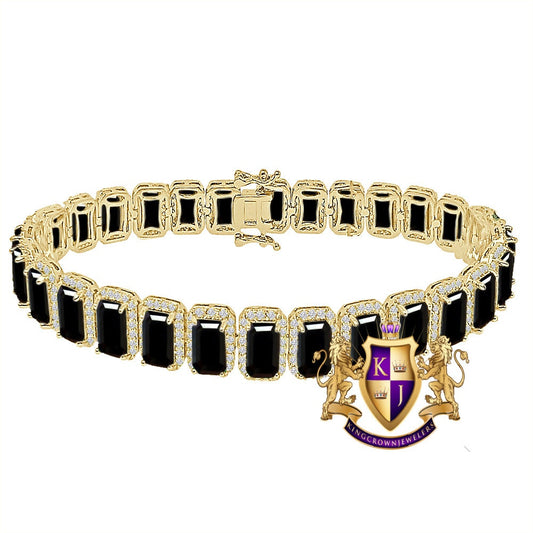 25+ Grams 14K Yellow Gold Finish Onyx Black 6.00 Cwt. Simulated Diamonds Solitaire Men's Ladies Unisex Tennis Link Bracelet 10mm / 8.5 Inch