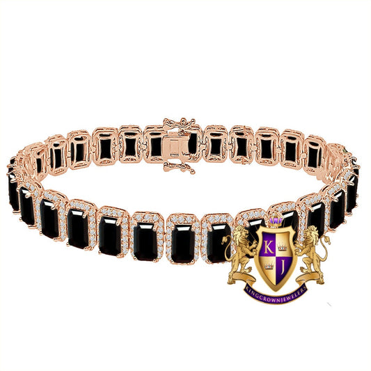 14K Rose Gold Finish Onyx Black Simulated Diamonds Solitaire Mens Ladies Bracelet 10mm / 8.5 Inch