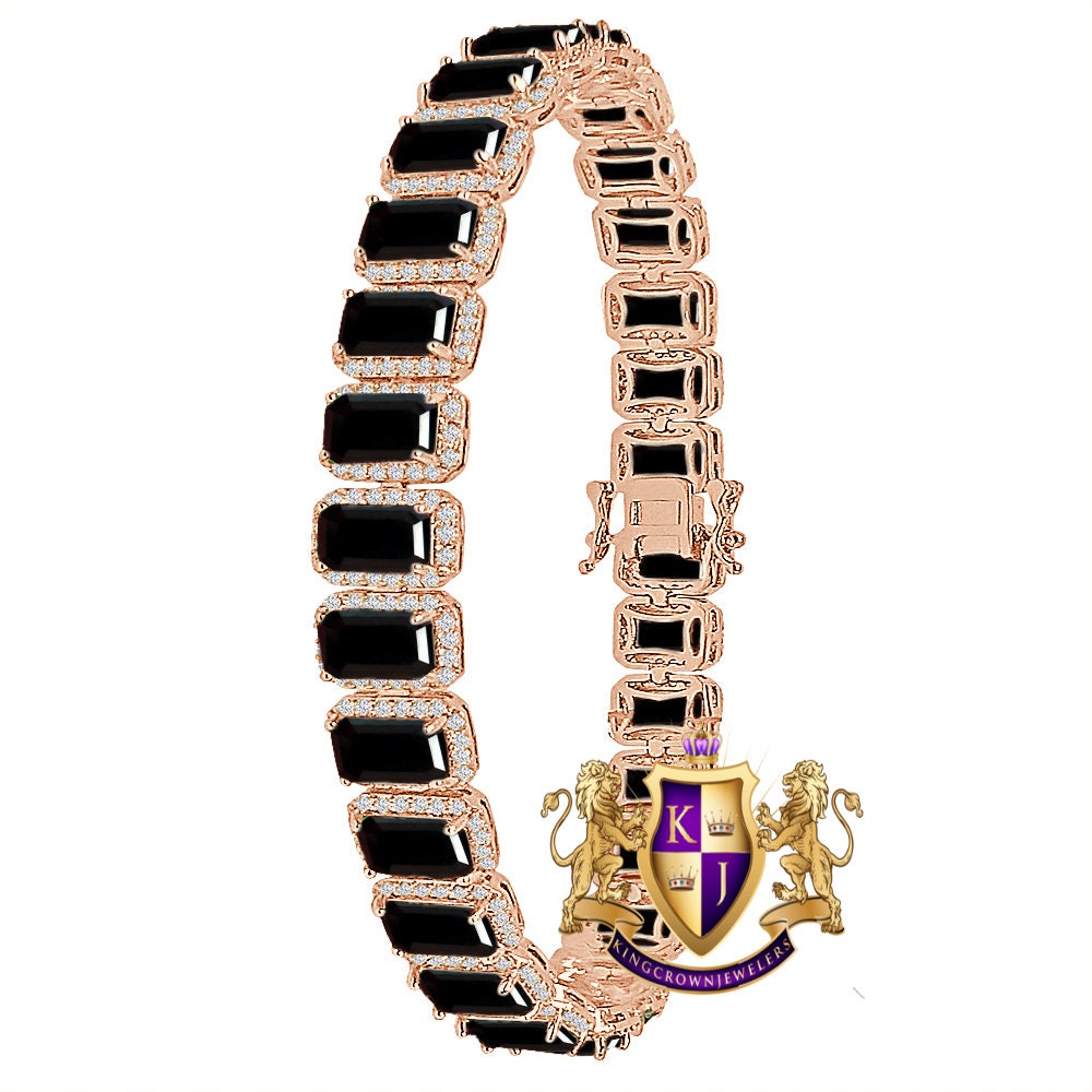 14K Rose Gold Finish Onyx Black Simulated Diamonds Solitaire Mens Ladies Bracelet 10mm / 8.5 Inch