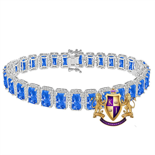 14K White Gold Finish Blue Sapphire  Simulated Diamonds Solitaire Mens Ladies Bracelet 10mm / 8.5 Inch