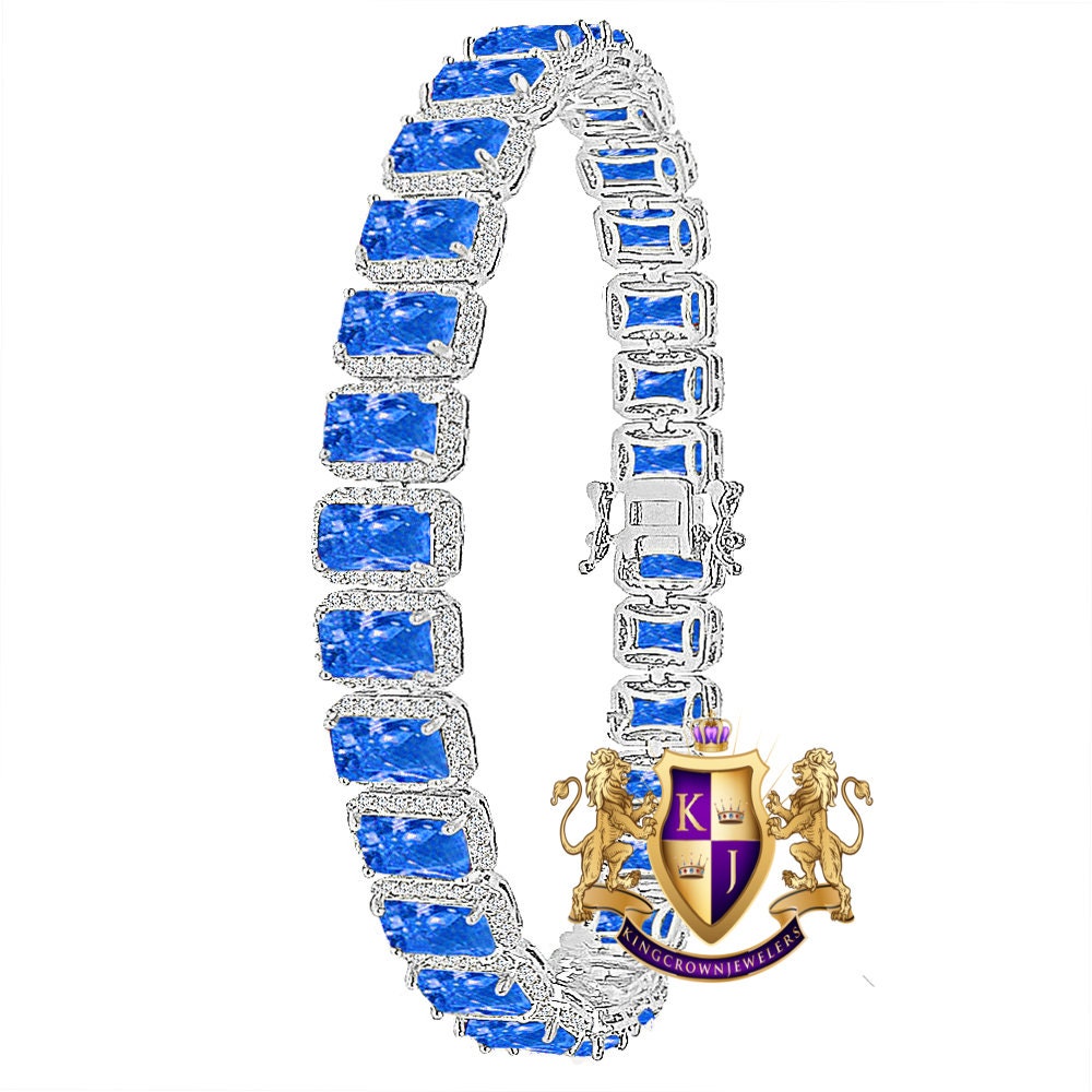 14K White Gold Finish Blue Sapphire  Simulated Diamonds Solitaire Mens Ladies Bracelet 10mm / 8.5 Inch
