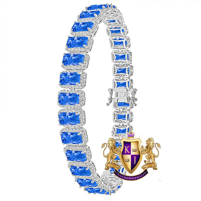 14K White Gold Finish Blue Sapphire  Simulated Diamonds Solitaire Mens Ladies Bracelet 10mm / 8.5 Inch