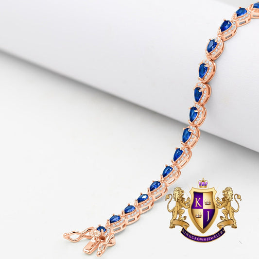 Sapphire Blue Real Sterling Silver 14K Rose Gold Over 3.00 Cwt. Simulated Diamond Pear Shape 5mm Unisex Tennis Link Bracelet 7.5''