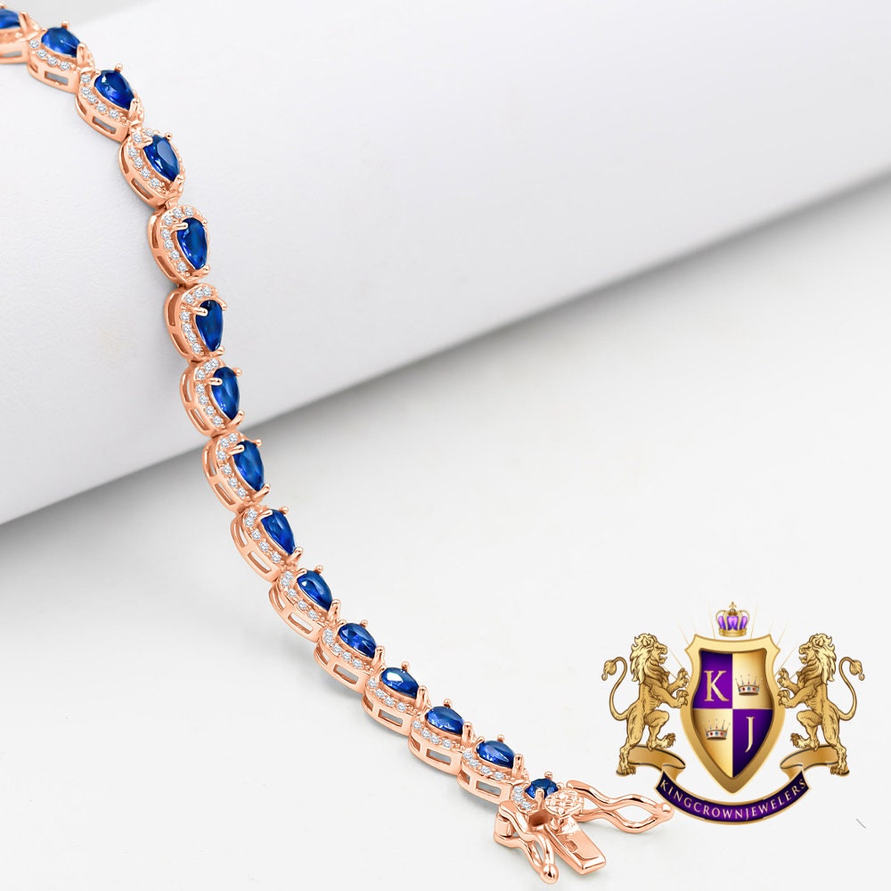 Sapphire Blue Real Sterling Silver 14K Rose Gold Over 3.00 Cwt. Simulated Diamond Pear Shape 5mm Unisex Tennis Link Bracelet 7.5''