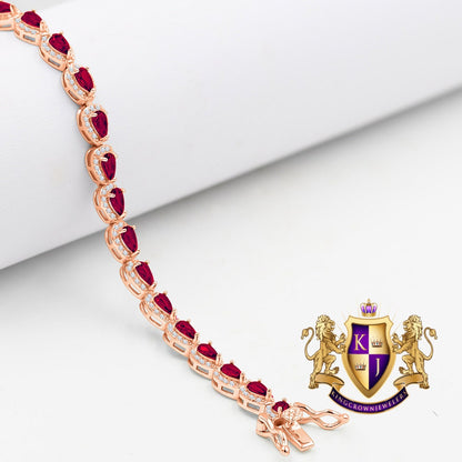 Ruby Red Real Sterling Silver 14K Rose Gold Over 3.00 Cwt. Simulated Diamond Pear Shape 5mm Unisex Tennis Link Bracelet 7.5''
