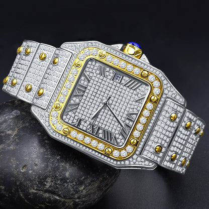 Men's Solid Stainless Steel Roman Dial Face Two Tone Gold Finish Iced Out Automatic Movement Date Luxury Handmade Custom Watch