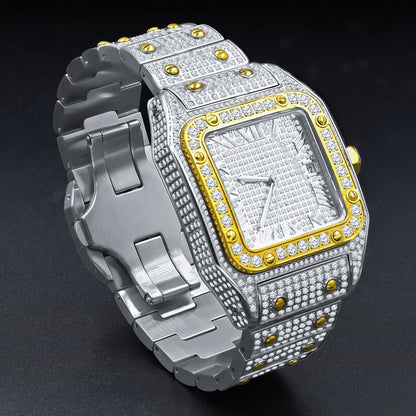 Men's Solid Stainless Steel Roman Dial Face Two Tone Gold Finish Iced Out Automatic Movement Date Luxury Handmade Custom Watch