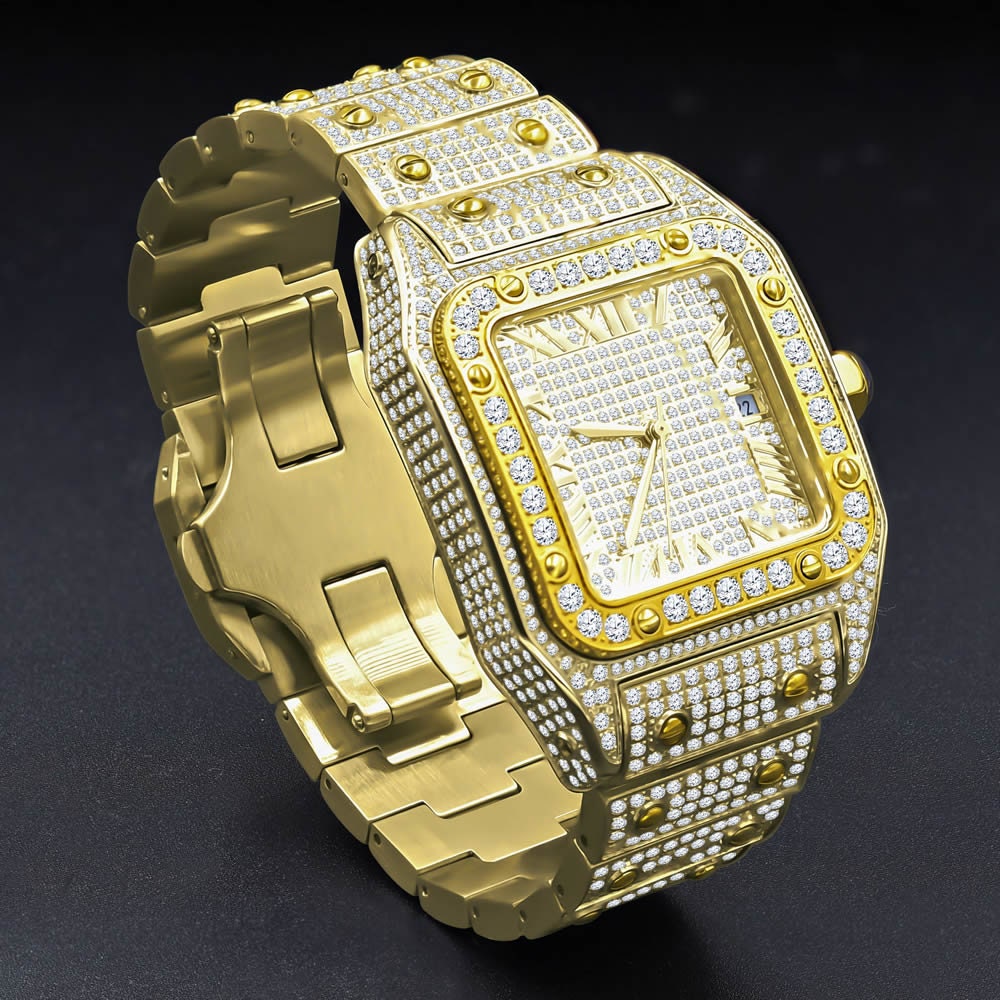 Men's Solid Stainless Steel Roman Dial Face 18K Yellow Gold Finish Iced Out Automatic Movement Date Luxury Handmade Custom Watch