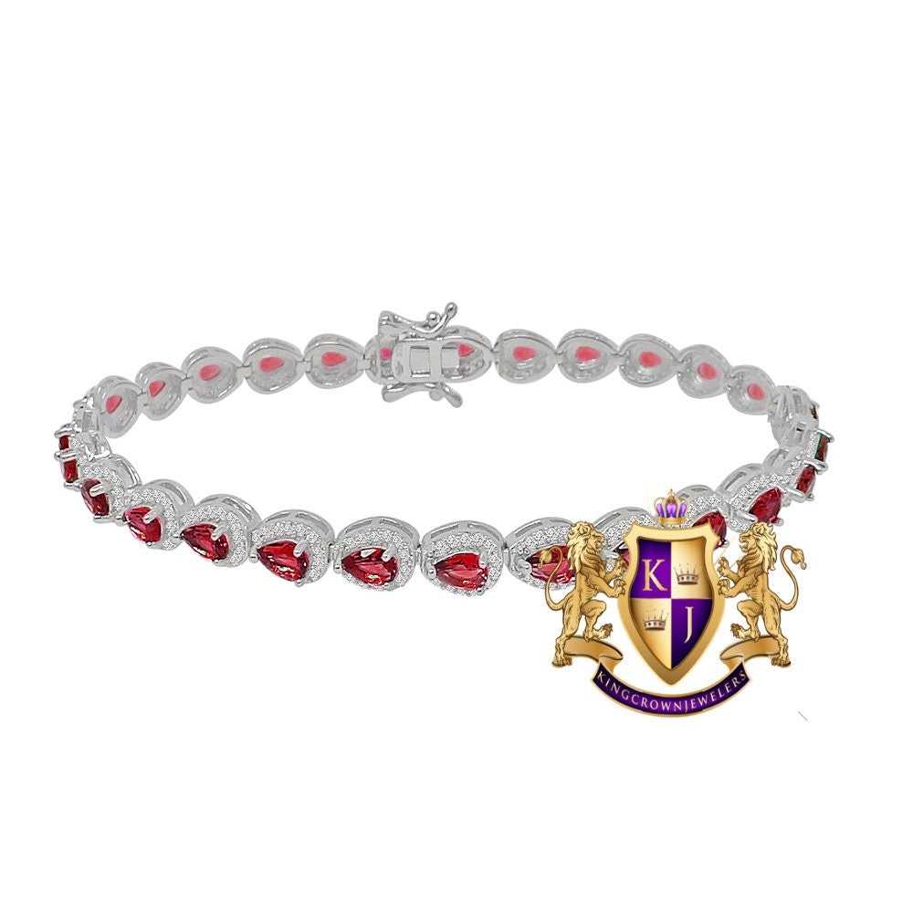 Ruby Red Real Genuine Sterling Silver 14K White Gold Over 3.00 Cwt. Simulated Diamond Pear Shape 5mm Unisex Tennis Link Bracelet 7.5''