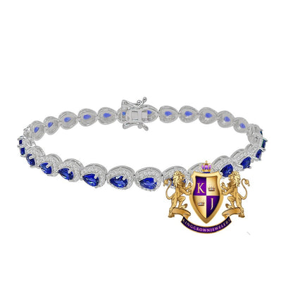 Sapphire Blue Real Genuine Sterling Silver 14K White Gold Over 3.00 Cwt. Simulated Diamond Pear Shape 5mm Unisex Tennis Link Bracelet 7.5''