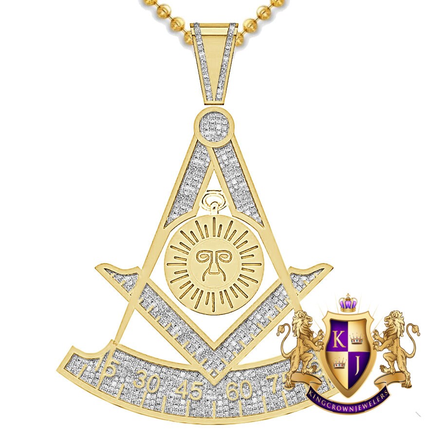 Real Genuine Diamond 0.60 Cwt. 18+ Grams Mason Past Masters Degree Masonic Freemasonry 10K Gold Over Pendent Unisex Charm Chain Set 2.25''