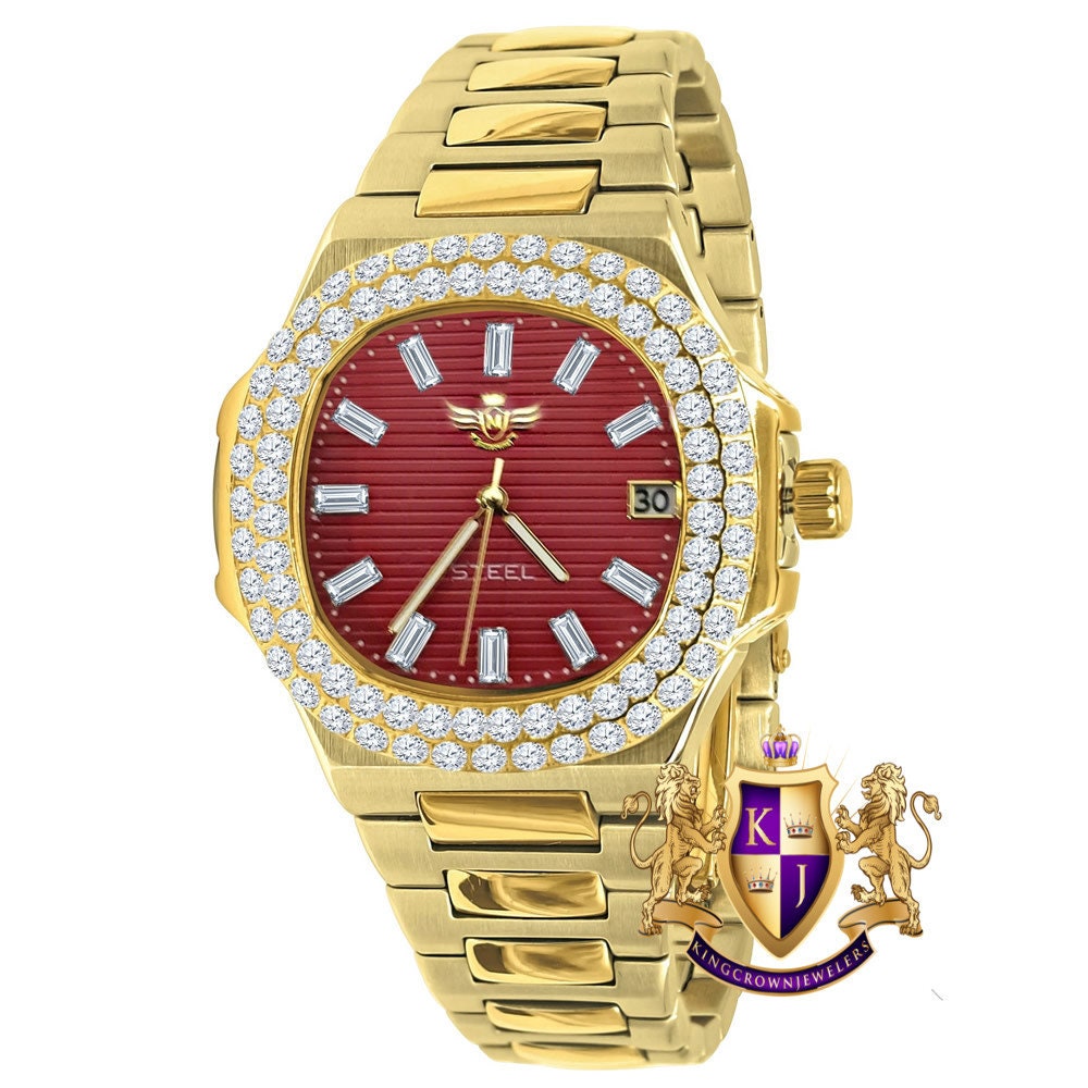 Men's Solid Stainless Steel Ruby Red Dial 18K 2 Tone Gold Simulated Diamond Handmade 5 ATM Water Resistance Luxury Watch W/Date 36mm