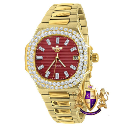 Men's Solid Stainless Steel Ruby Red Dial 18K 2 Tone Gold Simulated Diamond Handmade 5 ATM Water Resistance Luxury Watch W/Date 36mm