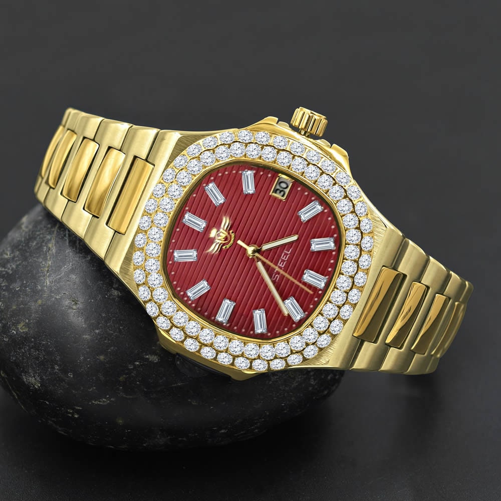Men's Solid Stainless Steel Ruby Red Dial 18K 2 Tone Gold Simulated Diamond Handmade 5 ATM Water Resistance Luxury Watch W/Date 36mm