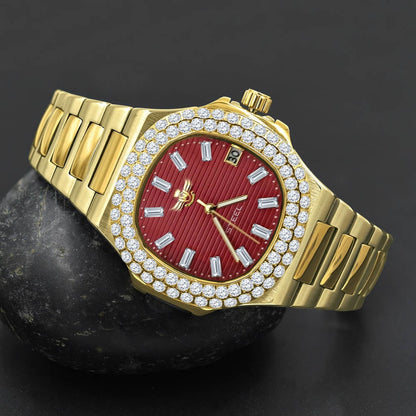 Men's Solid Stainless Steel Ruby Red Dial 18K 2 Tone Gold Simulated Diamond Handmade 5 ATM Water Resistance Luxury Watch W/Date 36mm