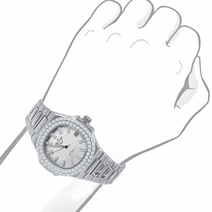 Men's Solid Stainless Steel 18K White Gold Finish Simulated Diamond Handmade 5 ATM Water Resistance Luxury Watch With Date 36mm