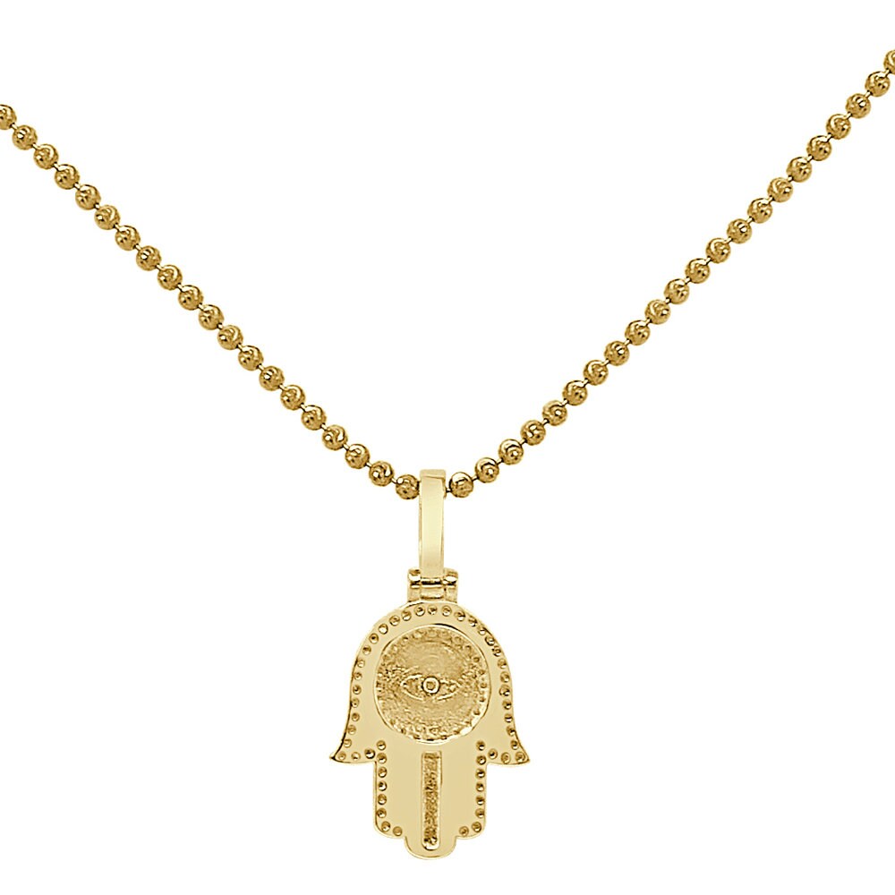 Mini Small 1.25'' Real Genuine Authentic Diamond Hamsa Hand of Fatima Evil Eye Charm 10K Solid Gold Over Jewish Religious Pendent Chain Set