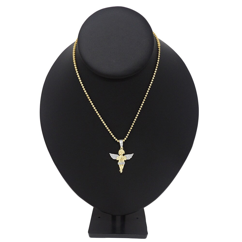 Mini Small 1.35'' Real Genuine Diamond Praying Hands Angel Wings Charm 10K Gold Over Religious Pendent Chain Set