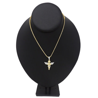 Mini Small 1.35'' Real Genuine Diamond Praying Hands Angel Wings Charm 10K Gold Over Religious Pendent Chain Set