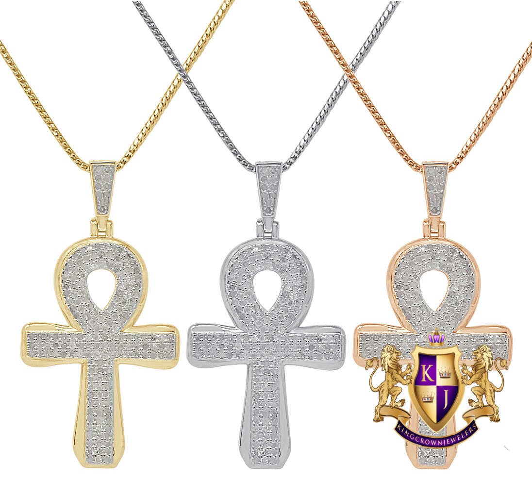 Real Genuine Diamond 1.00 Cwt. Egyptian Ankh Cross Charm 10K Gold Over Pendent Chain Set 2''