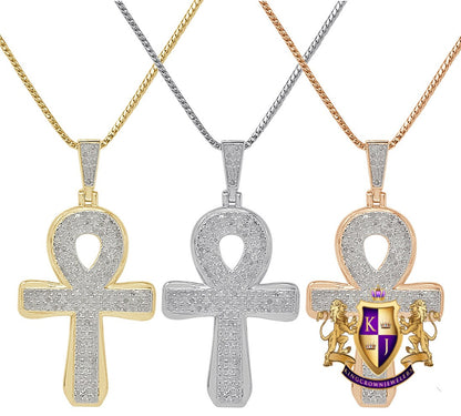 Real Genuine Diamond 1.00 Cwt. Egyptian Ankh Cross Charm 10K Gold Over Pendent Chain Set 2''
