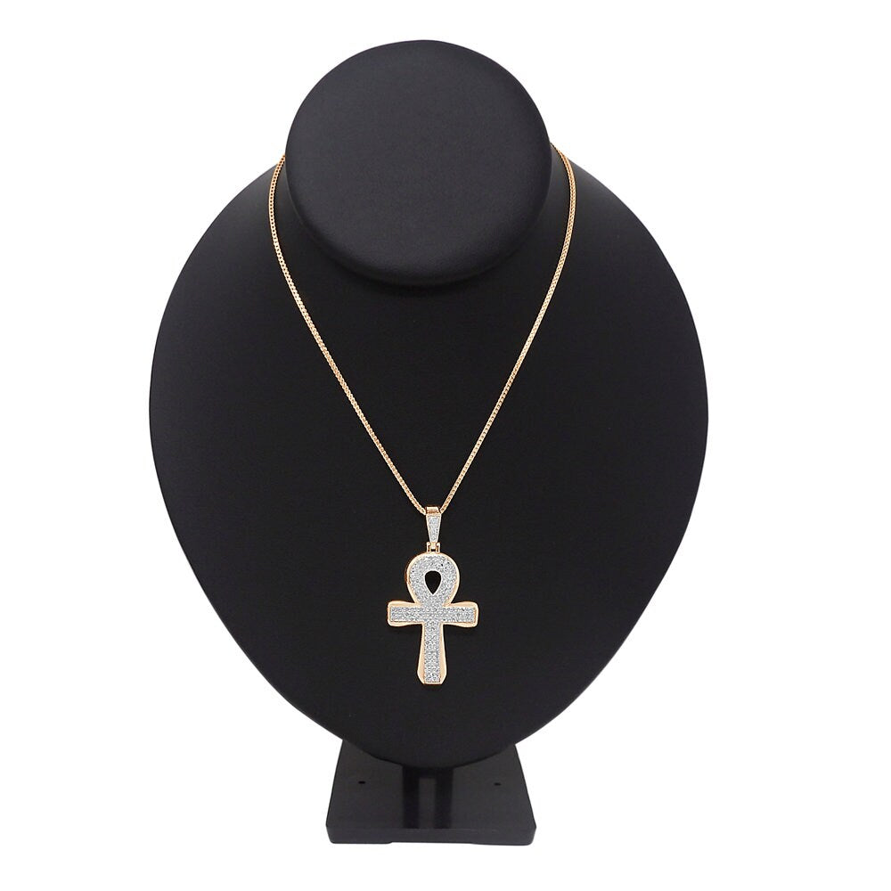 Real Genuine Diamond 1.00 Cwt. Egyptian Ankh Cross Charm 10K Gold Over Pendent Chain Set 2''