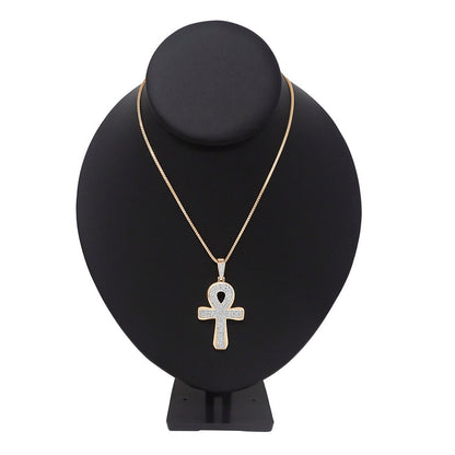 Real Genuine Diamond 1.00 Cwt. Egyptian Ankh Cross Charm 10K Gold Over Pendent Chain Set 2''