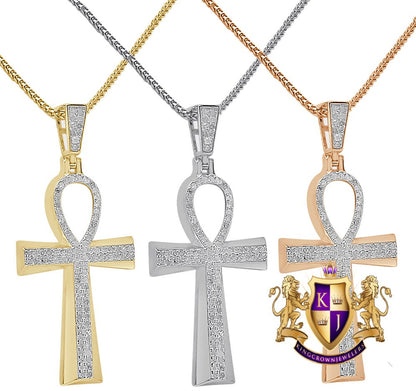 Real Genuine Authentic Diamond 0.60 Cwt. Egyptian Ankh Cross Charm 10K Gold Over Unisex Pendent Chain Set 2''