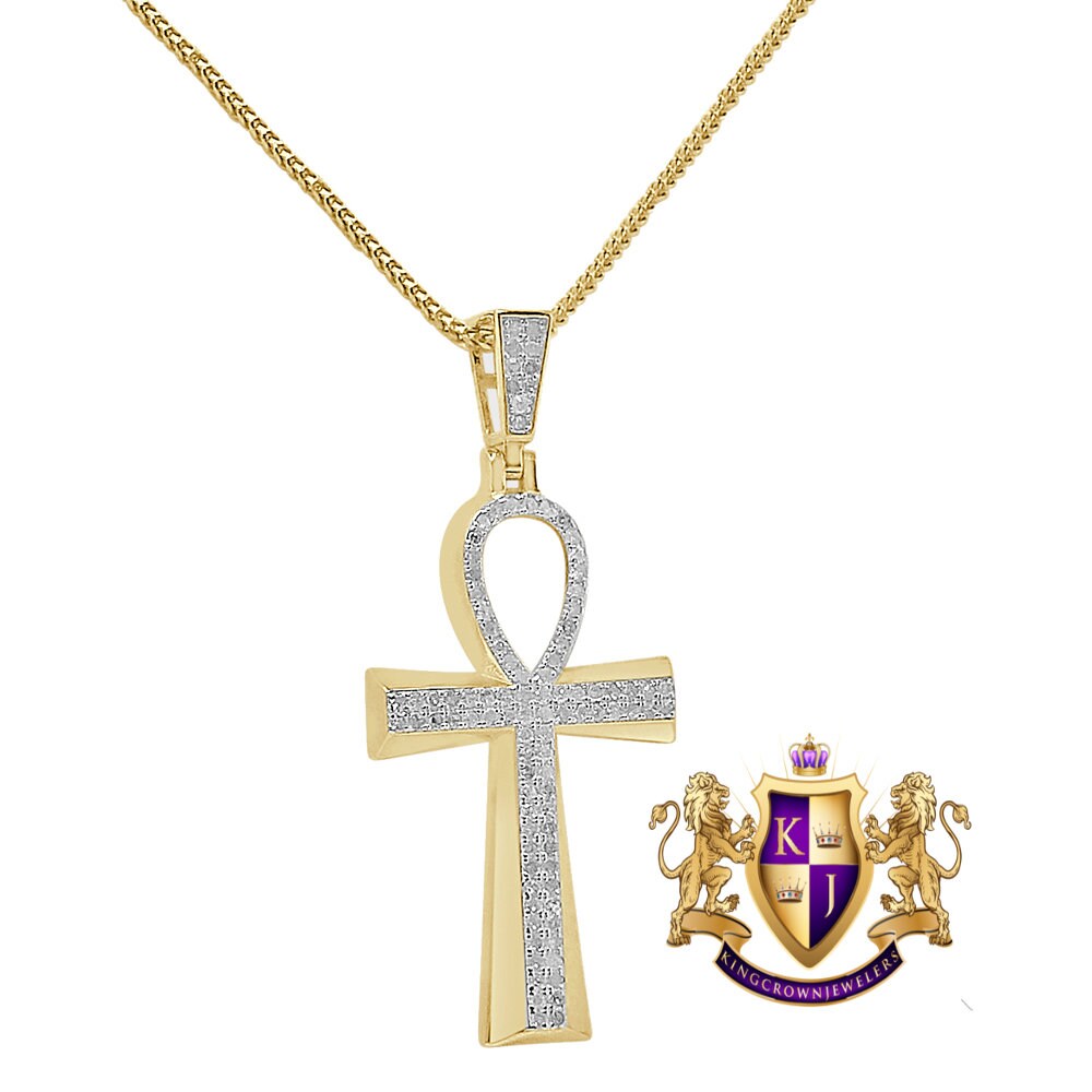 Real Genuine Authentic Diamond 0.60 Cwt. Egyptian Ankh Cross Charm 10K Gold Over Unisex Pendent Chain Set 2''