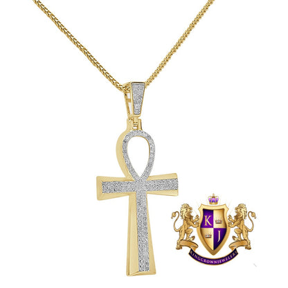 Real Genuine Authentic Diamond 0.60 Cwt. Egyptian Ankh Cross Charm 10K Gold Over Unisex Pendent Chain Set 2''